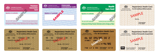 A series of sample images for eligible concession cards
